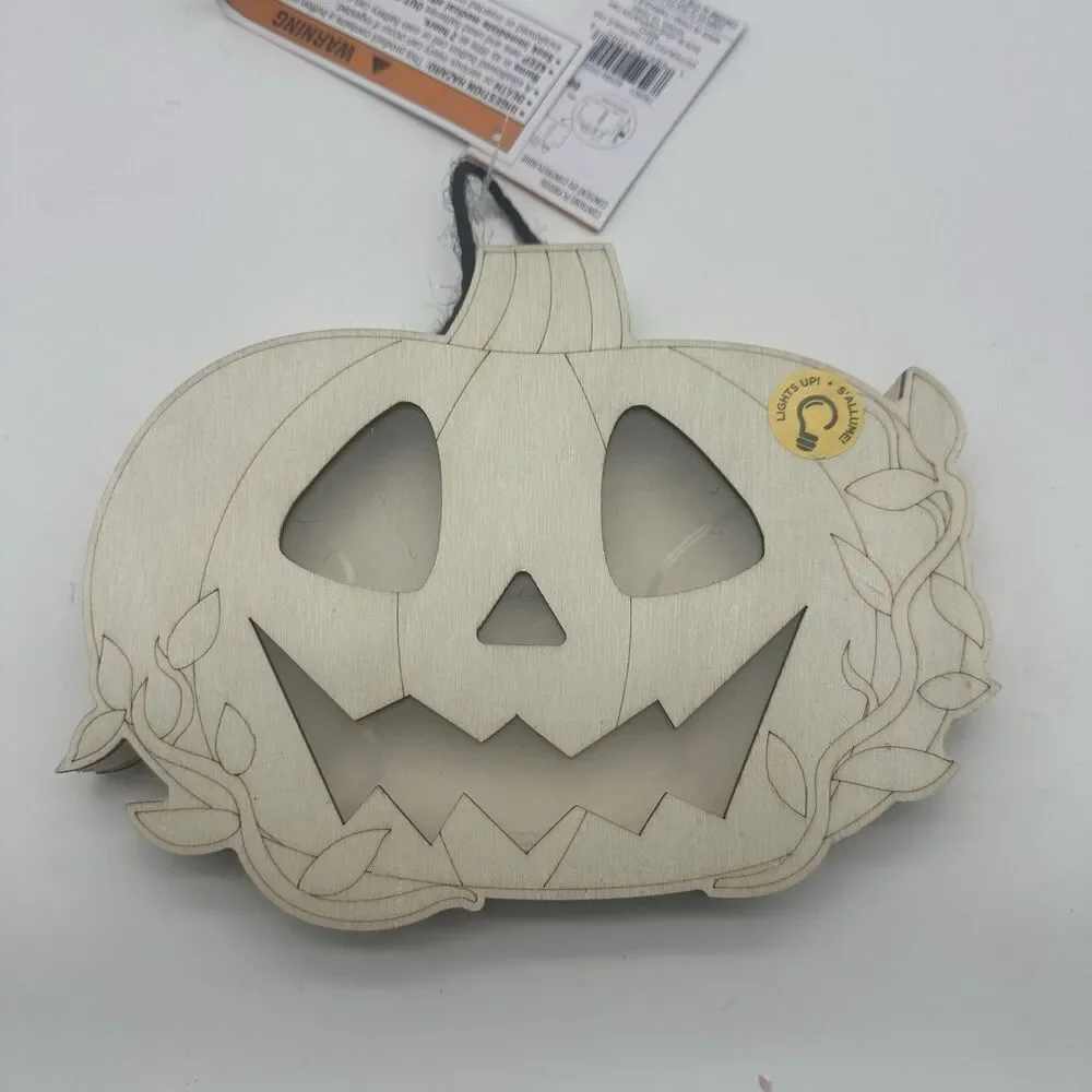 Make Market Unfinished Wooden Halloween Light Up LED Grinning Pumpkin Decor DIY